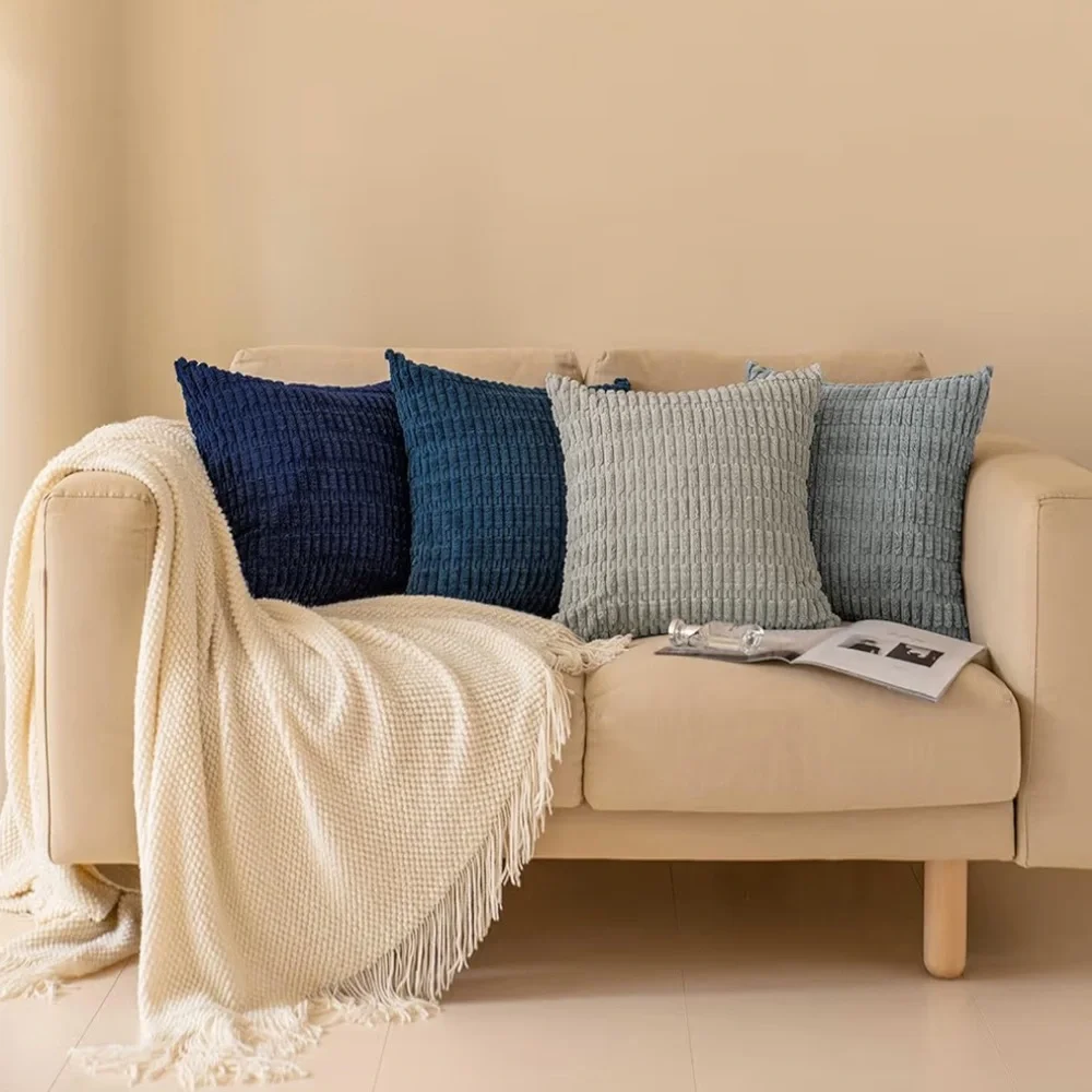 Corduroy Soft Striped Farmhouse SQUARE Throw Pillow Covers 18x18” BLUE (4-pack)